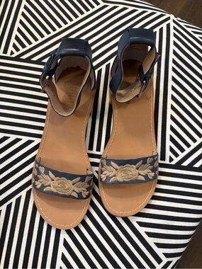 Latigo Navy Blue Leather with Beige Embroidered and Ankle-Strap Sandals